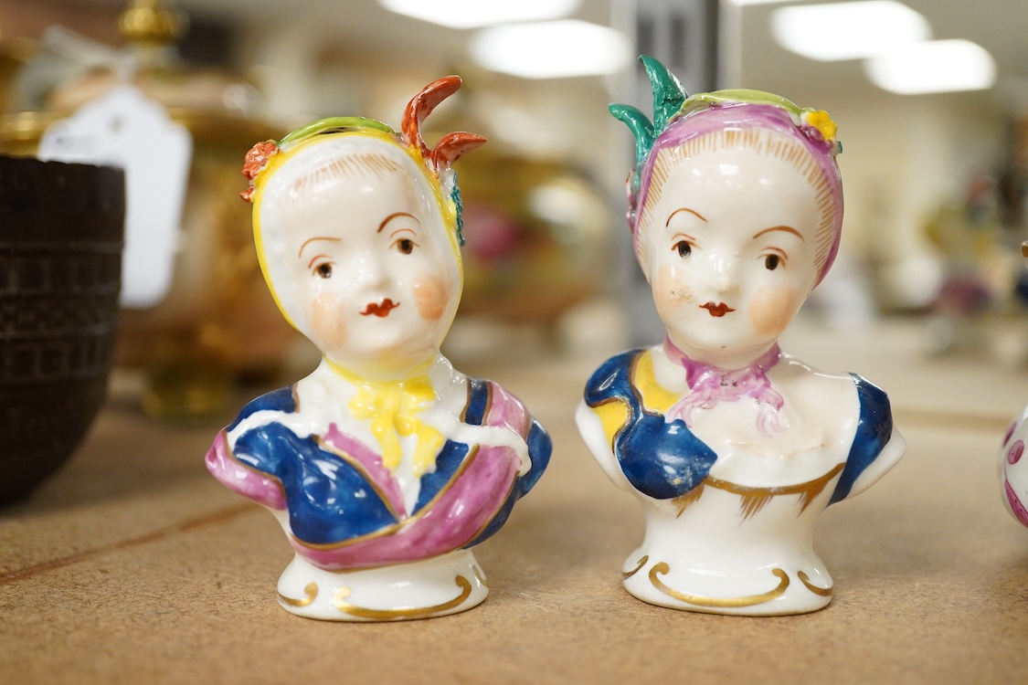 Two Paris porcelain miniatures of the Descent from the Cross, a Meissen inkwell, Staffordshire miniature busts etc, largest 13.5cm high
